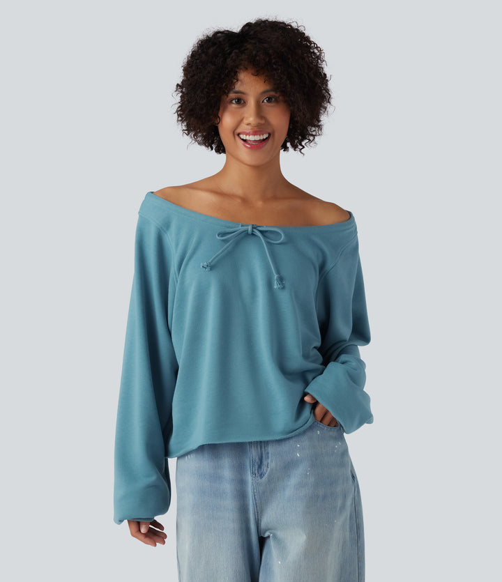 Off Shoulder Long Sleeve Casual Sweatshirt — Adriatic Blue — view 1