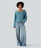 Off Shoulder Long Sleeve Casual Sweatshirt — Adriatic Blue — view 6
