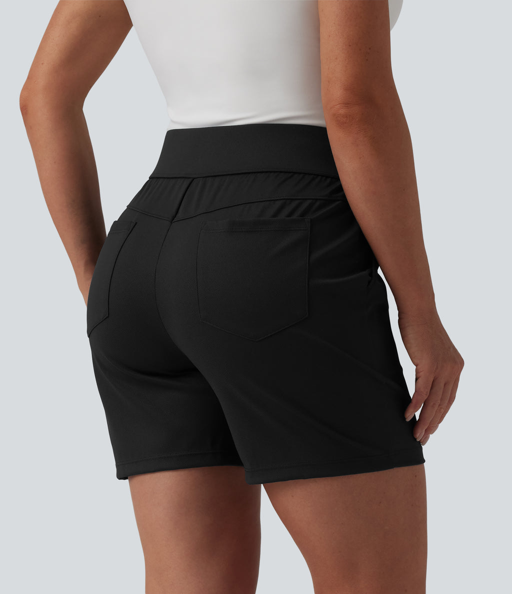 Mid High Waisted Quick Dry Golf Shorts with Pockets 5''-Golf Tee-UPF40+ — Black — view 3