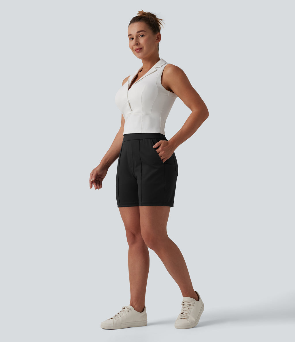 Mid High Waisted Quick Dry Golf Shorts with Pockets 5''-Golf Tee-UPF40+ — Black — view 8