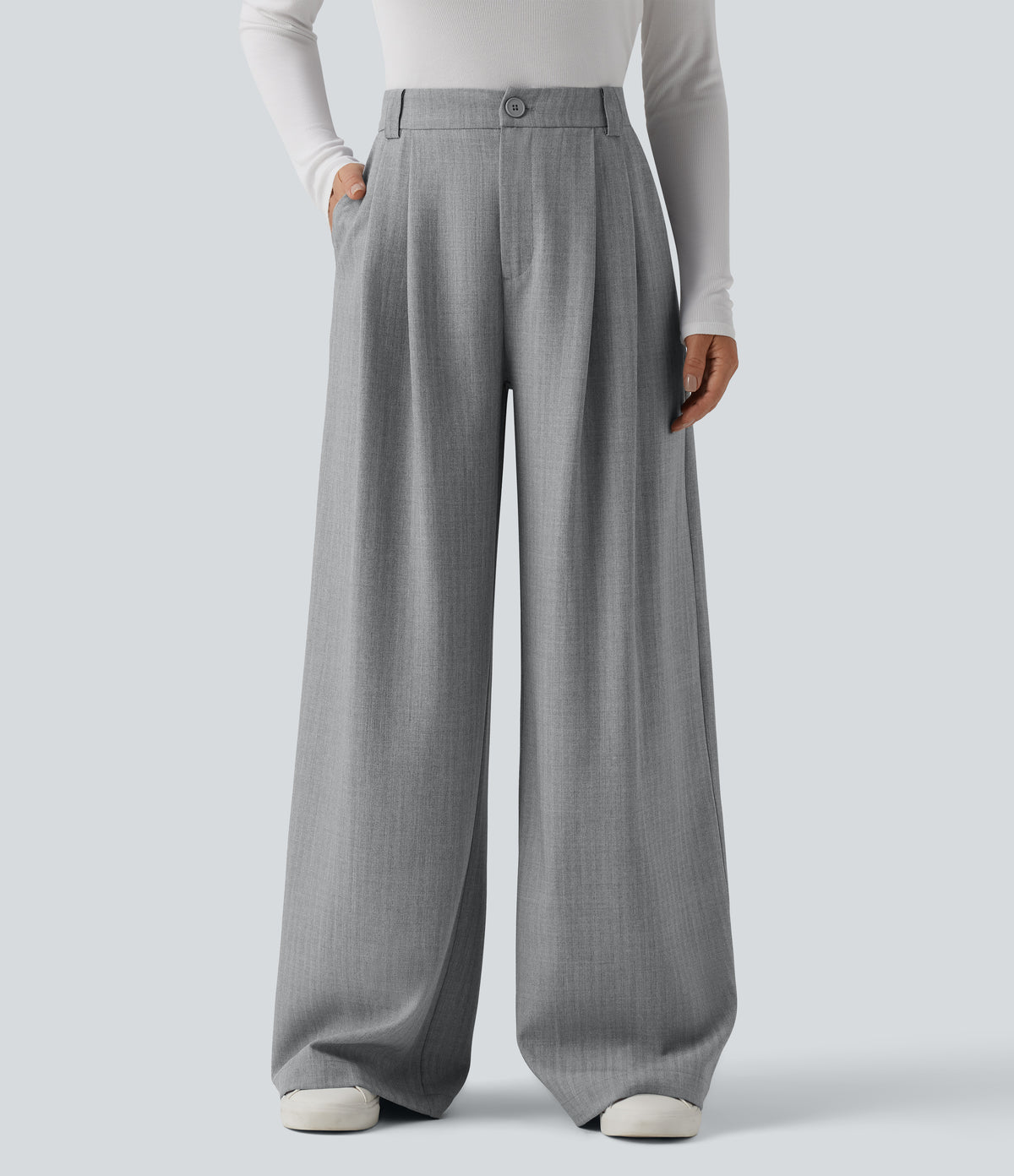 High Waisted Wide Leg Work Trousers with Pockets — Harbor Mist — view 1