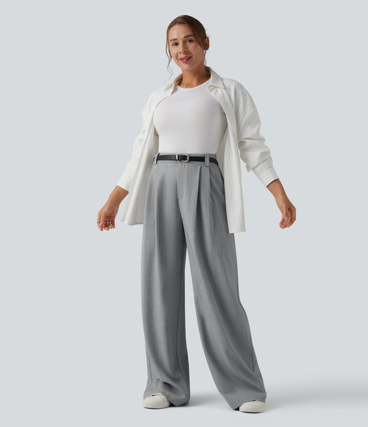 High Waisted Wide Leg Work Trousers with Pockets — Harbor Mist — view 6
