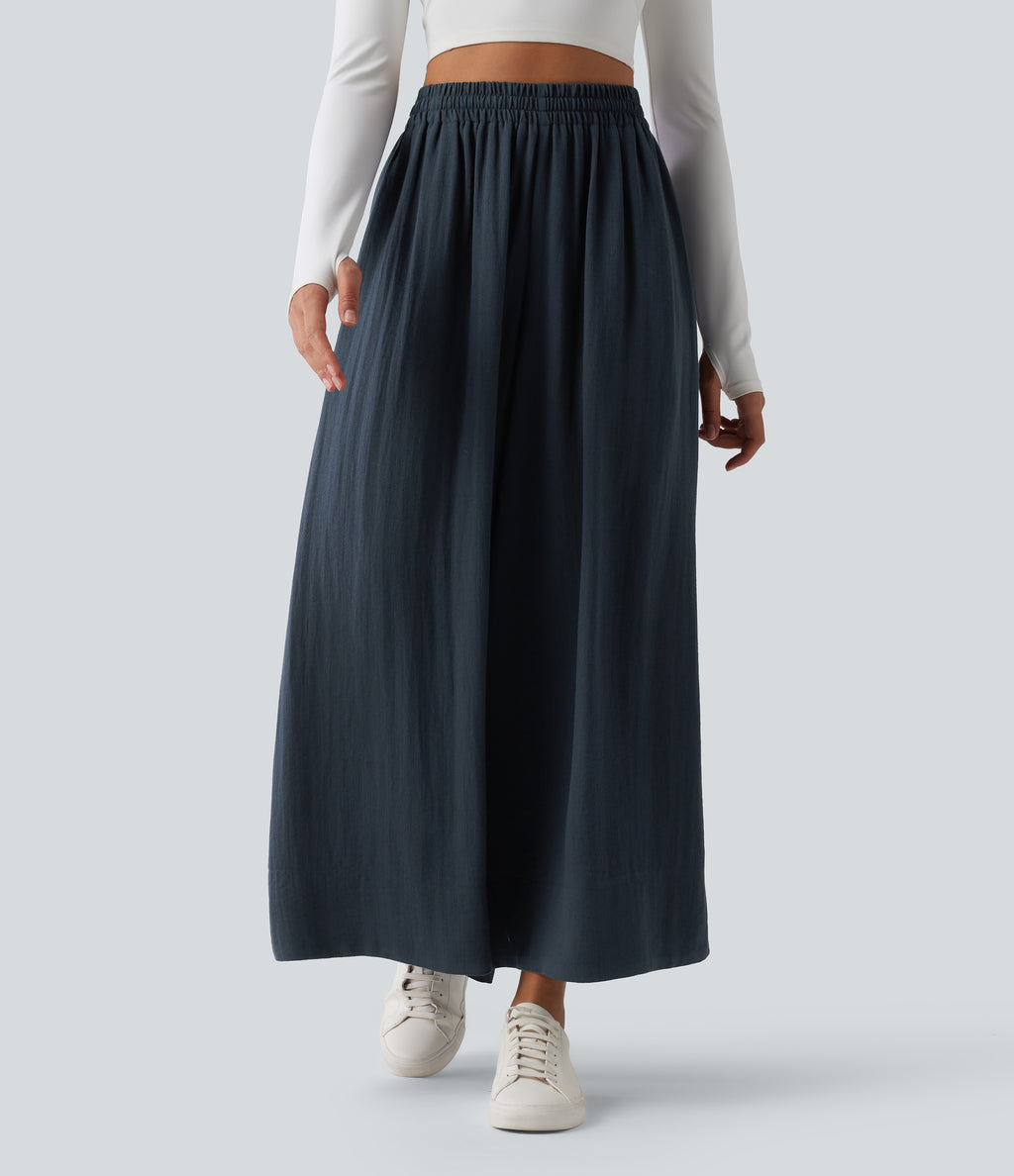 High Waisted Inner Drawstring Flowy Wide Leg Casual Trousers with Pockets — Sea Storm — view 1