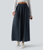 High Waisted Inner Drawstring Flowy Wide Leg Casual Trousers with Pockets — Sea Storm — view 1
