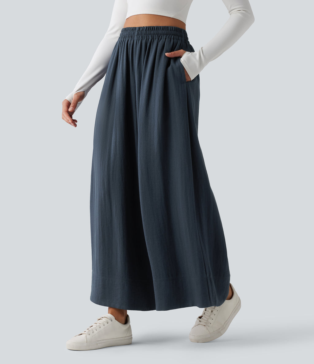 High Waisted Inner Drawstring Flowy Wide Leg Casual Trousers with Pockets — Sea Storm — view 3