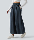 High Waisted Inner Drawstring Flowy Wide Leg Casual Trousers with Pockets — Sea Storm — view 3
