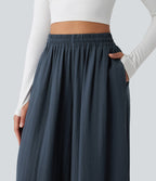 High Waisted Inner Drawstring Flowy Wide Leg Casual Trousers with Pockets — Sea Storm — view 6
