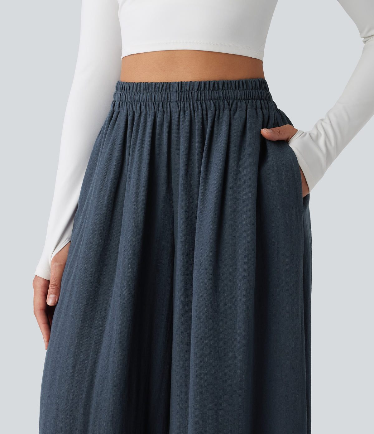 High Waisted Inner Drawstring Flowy Wide Leg Casual Trousers with Pockets — Sea Storm — view 6