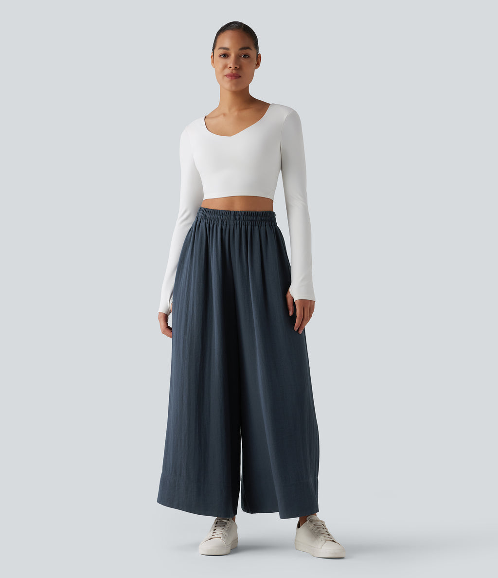 High Waisted Inner Drawstring Flowy Wide Leg Casual Trousers with Pockets — Sea Storm — view 7