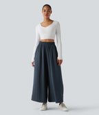 High Waisted Inner Drawstring Flowy Wide Leg Casual Trousers with Pockets — Sea Storm — view 7