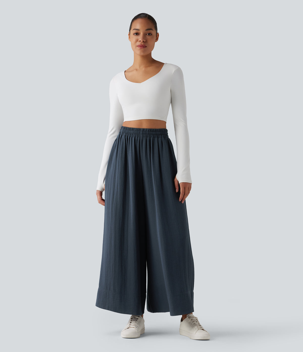 High Waisted Inner Drawstring Flowy Wide Leg Casual Trousers with Pockets — Sea Storm — view 7