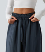 High Waisted Inner Drawstring Flowy Wide Leg Casual Trousers with Pockets — Sea Storm — view 4