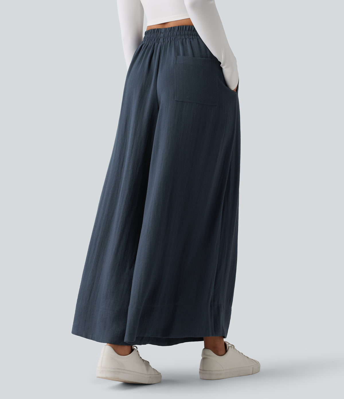 High Waisted Inner Drawstring Flowy Wide Leg Casual Trousers with Pockets — Sea Storm — view 2