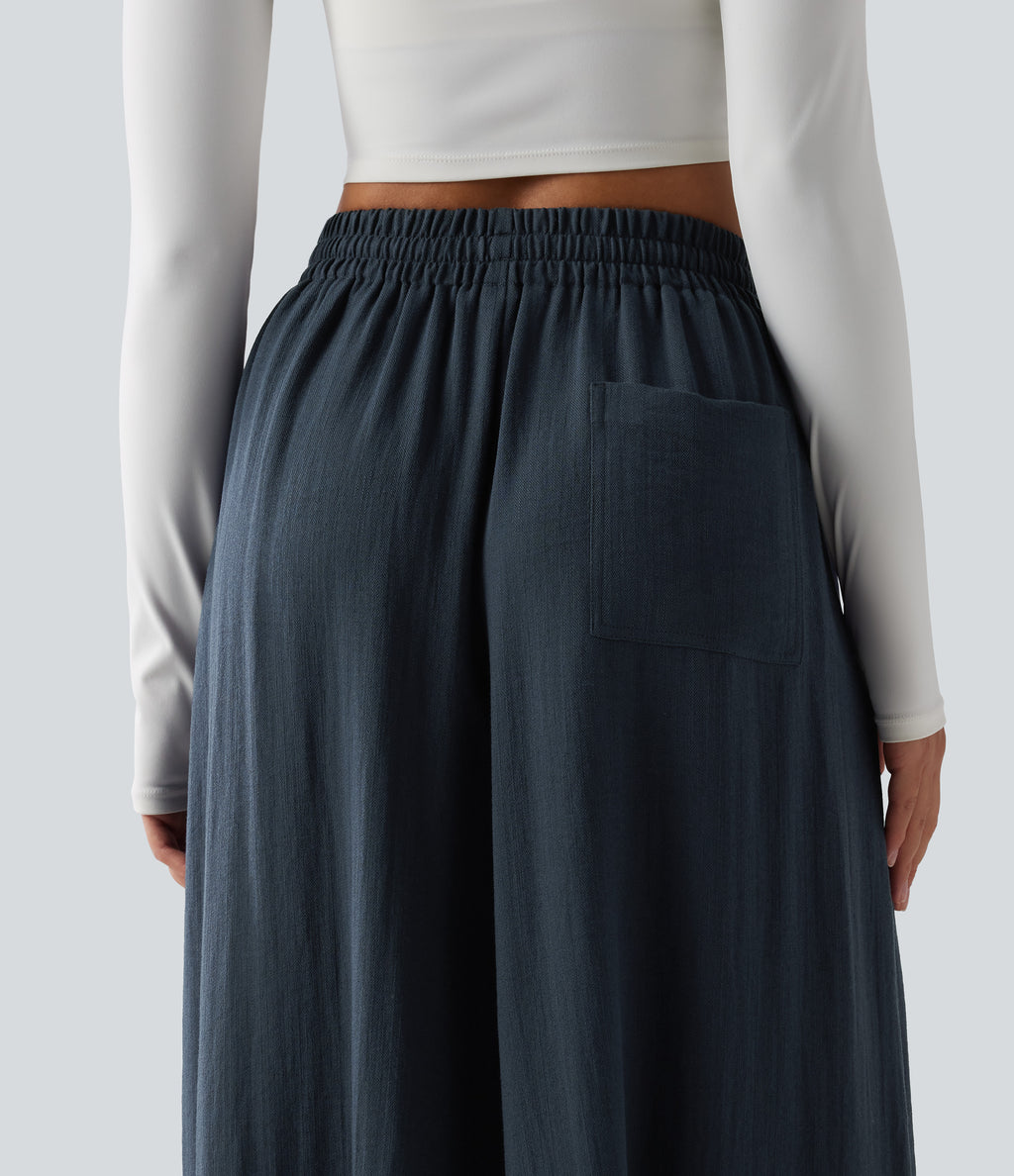 High Waisted Inner Drawstring Flowy Wide Leg Casual Trousers with Pockets — Sea Storm — view 5