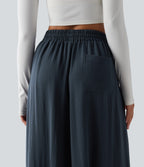 High Waisted Inner Drawstring Flowy Wide Leg Casual Trousers with Pockets — Sea Storm — view 5