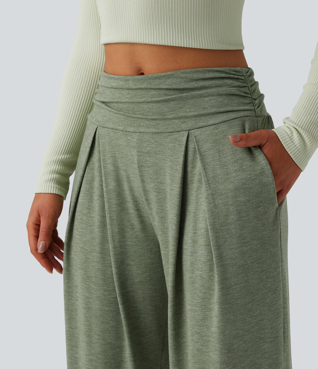High Waisted Ruched Heathered Yoga Trousers with Pockets — Agave Green — view 5
