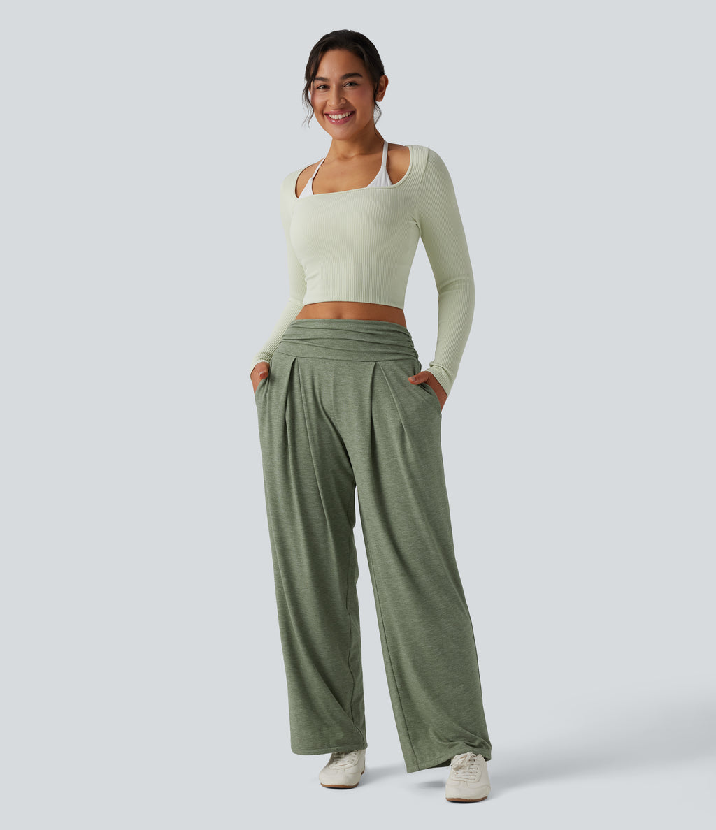 High Waisted Ruched Heathered Yoga Trousers with Pockets — Agave Green — view 8