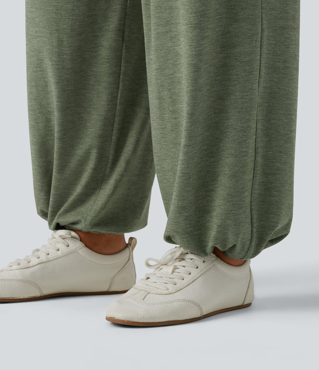High Waisted Ruched Heathered Yoga Trousers with Pockets — Agave Green — view 7
