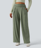 High Waisted Ruched Heathered Yoga Trousers with Pockets — Agave Green — view 2