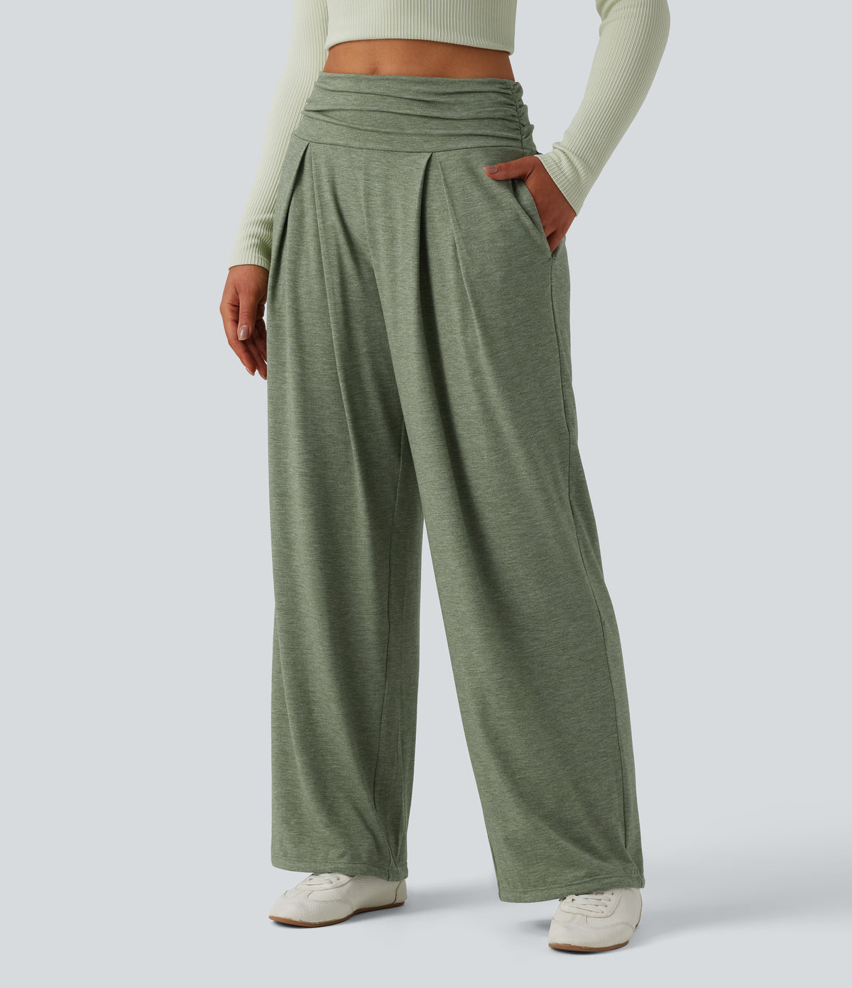 High Waisted Ruched Heathered Yoga Trousers with Pockets — Agave Green — view 3