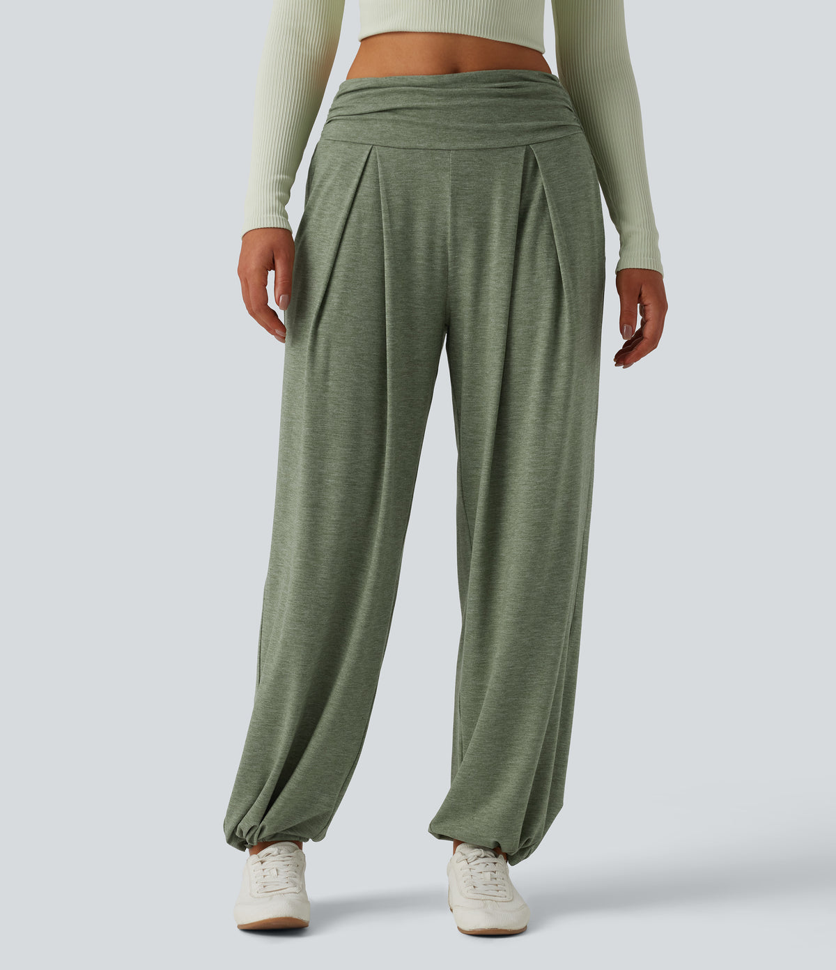 High Waisted Ruched Heathered Yoga Trousers with Pockets — Agave Green — view 4