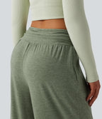 High Waisted Ruched Heathered Yoga Trousers with Pockets — Agave Green — view 6