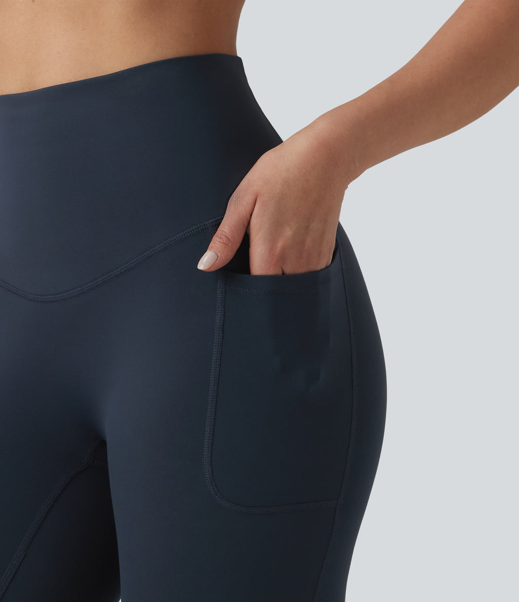 High Waisted Tummy Control Crossover Back Capri Running Leggings with Pockets — Carbon — view 6