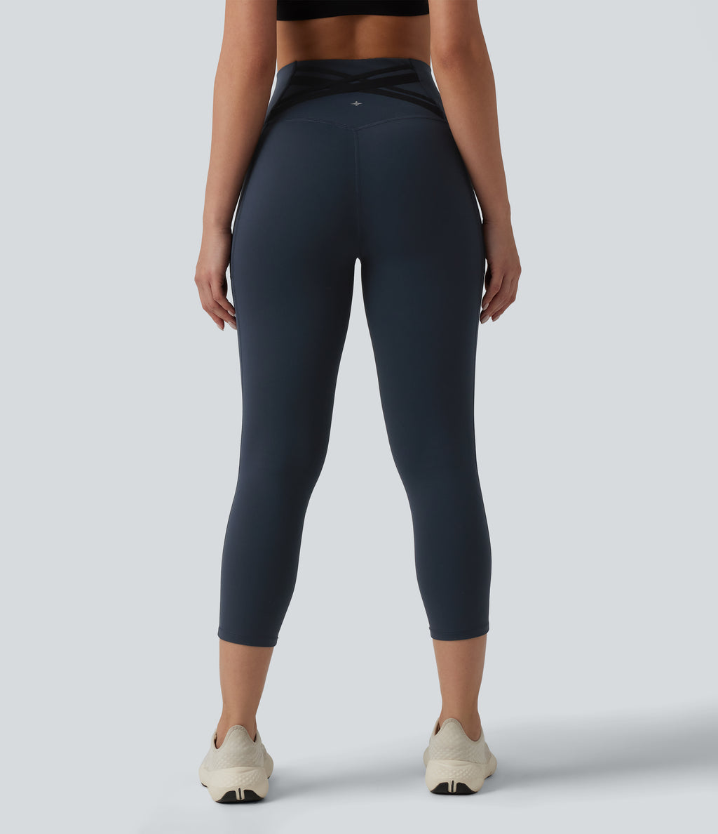 High Waisted Tummy Control Crossover Back Capri Running Leggings with Pockets — Carbon — view 4