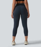 High Waisted Tummy Control Crossover Back Capri Running Leggings with Pockets — Carbon — view 4