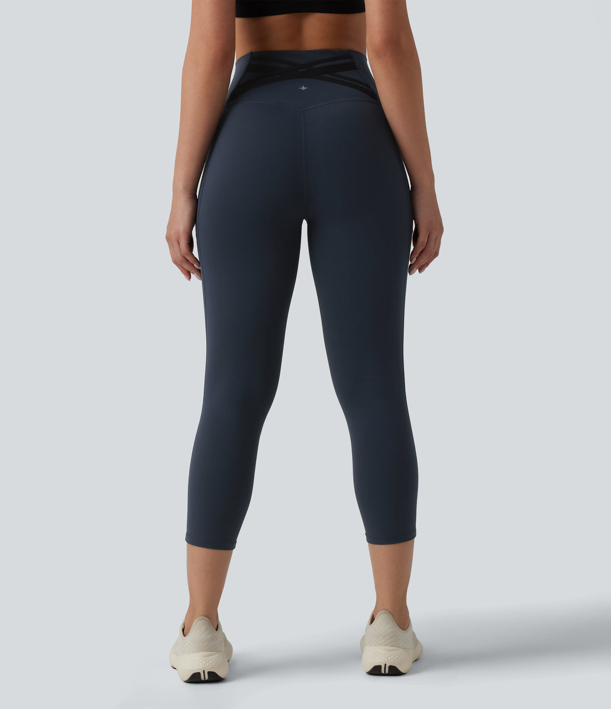 High Waisted Tummy Control Crossover Back Capri Running Leggings with Pockets — Carbon — view 4