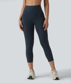 High Waisted Tummy Control Crossover Back Capri Running Leggings with Pockets — Carbon — view 2