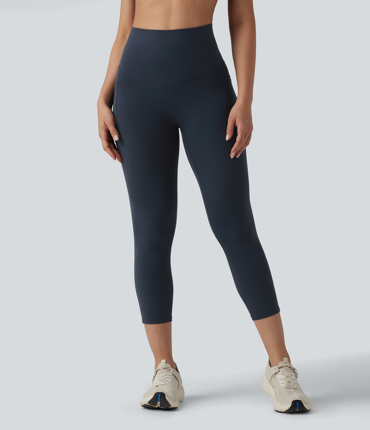 High Waisted Tummy Control Crossover Back Capri Running Leggings with Pockets — Carbon — view 2