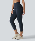 High Waisted Tummy Control Crossover Back Capri Running Leggings with Pockets — Carbon — view 3