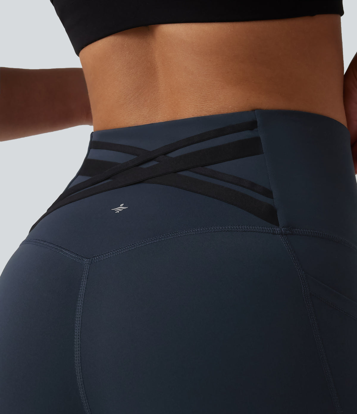 High Waisted Tummy Control Crossover Back Capri Running Leggings with Pockets — Carbon — view 5