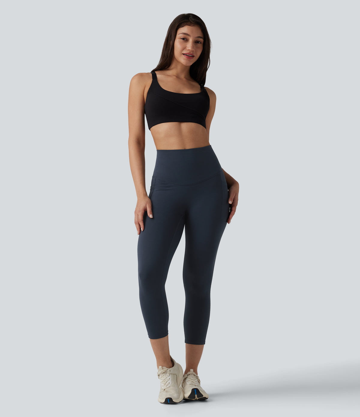 High Waisted Tummy Control Crossover Back Capri Running Leggings with Pockets — Carbon — view 7