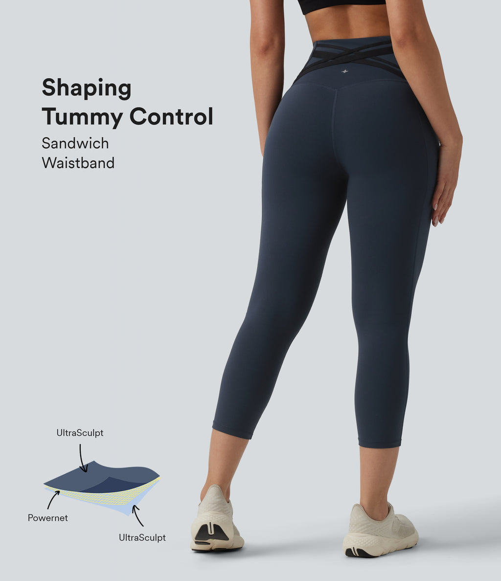 High Waisted Tummy Control Crossover Back Capri Running Leggings with Pockets — Carbon — view 1