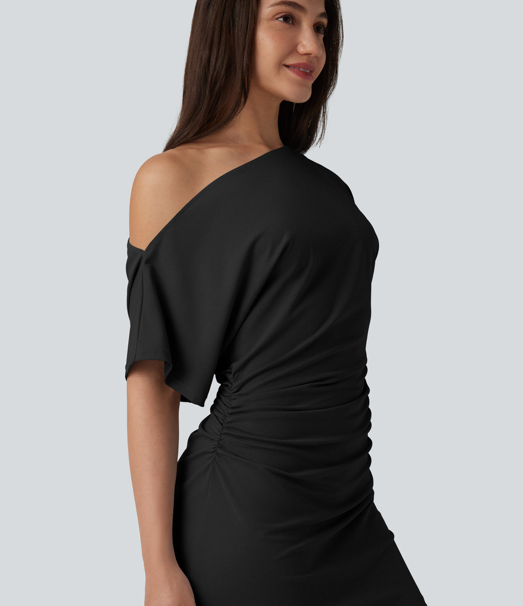One Shoulder Short Sleeve Ruched Bodycon Mini Casual Dress — Black — view 4