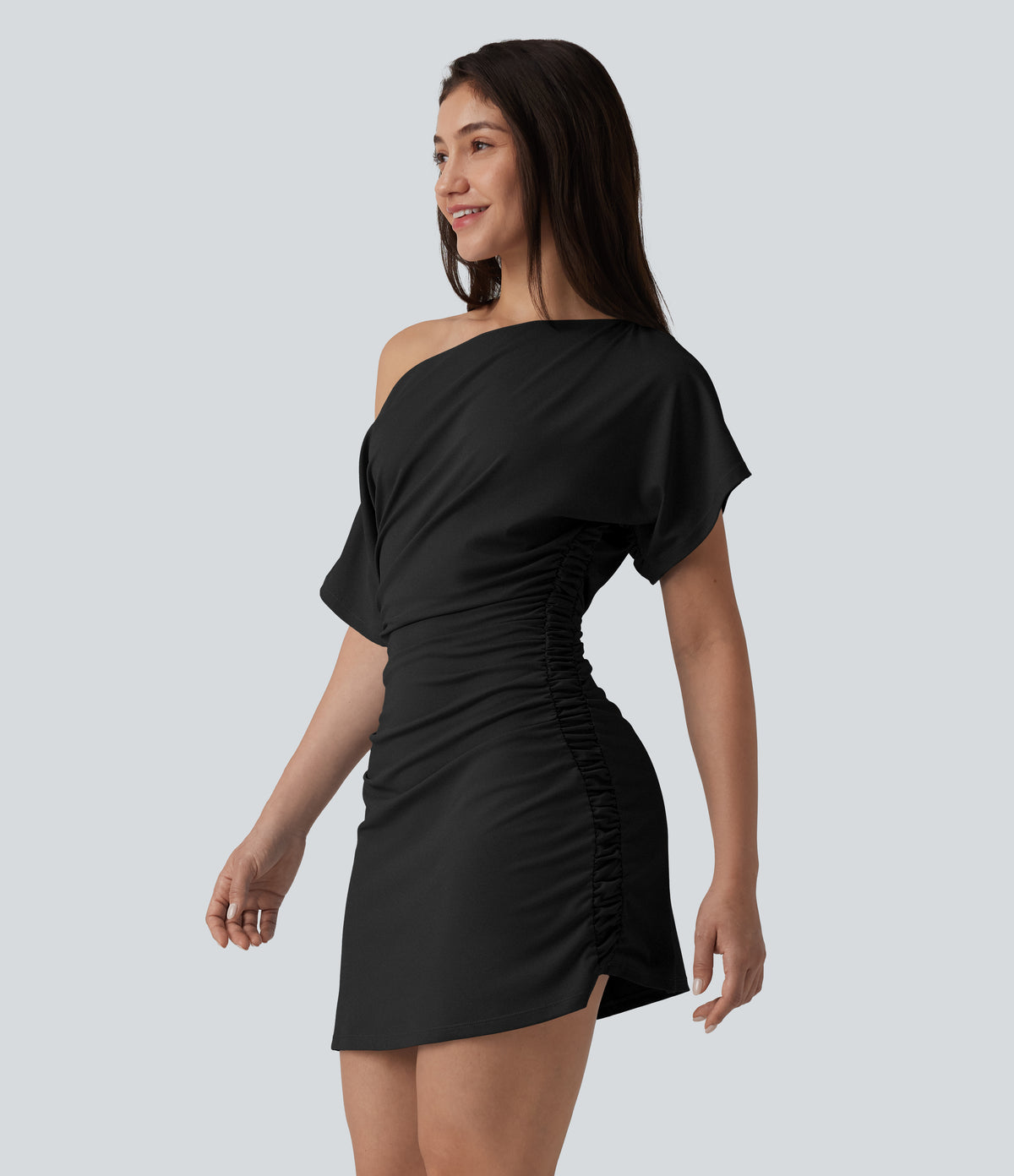 One Shoulder Short Sleeve Ruched Bodycon Mini Casual Dress — Black — view 3