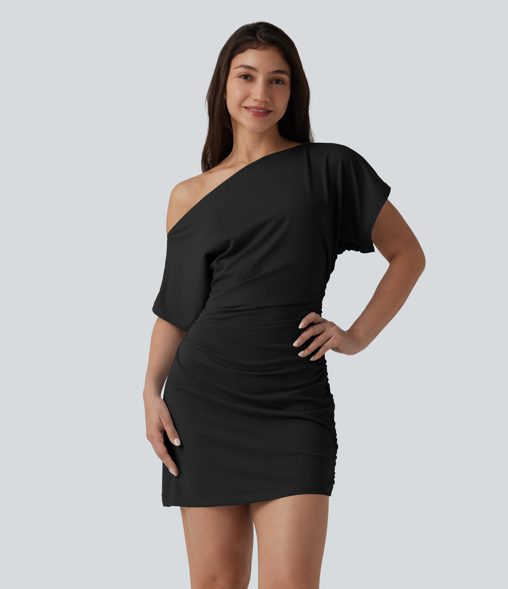 One Shoulder Short Sleeve Ruched Bodycon Mini Casual Dress — Black — view 1