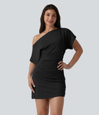 One Shoulder Short Sleeve Ruched Bodycon Mini Casual Dress — Black — view 1