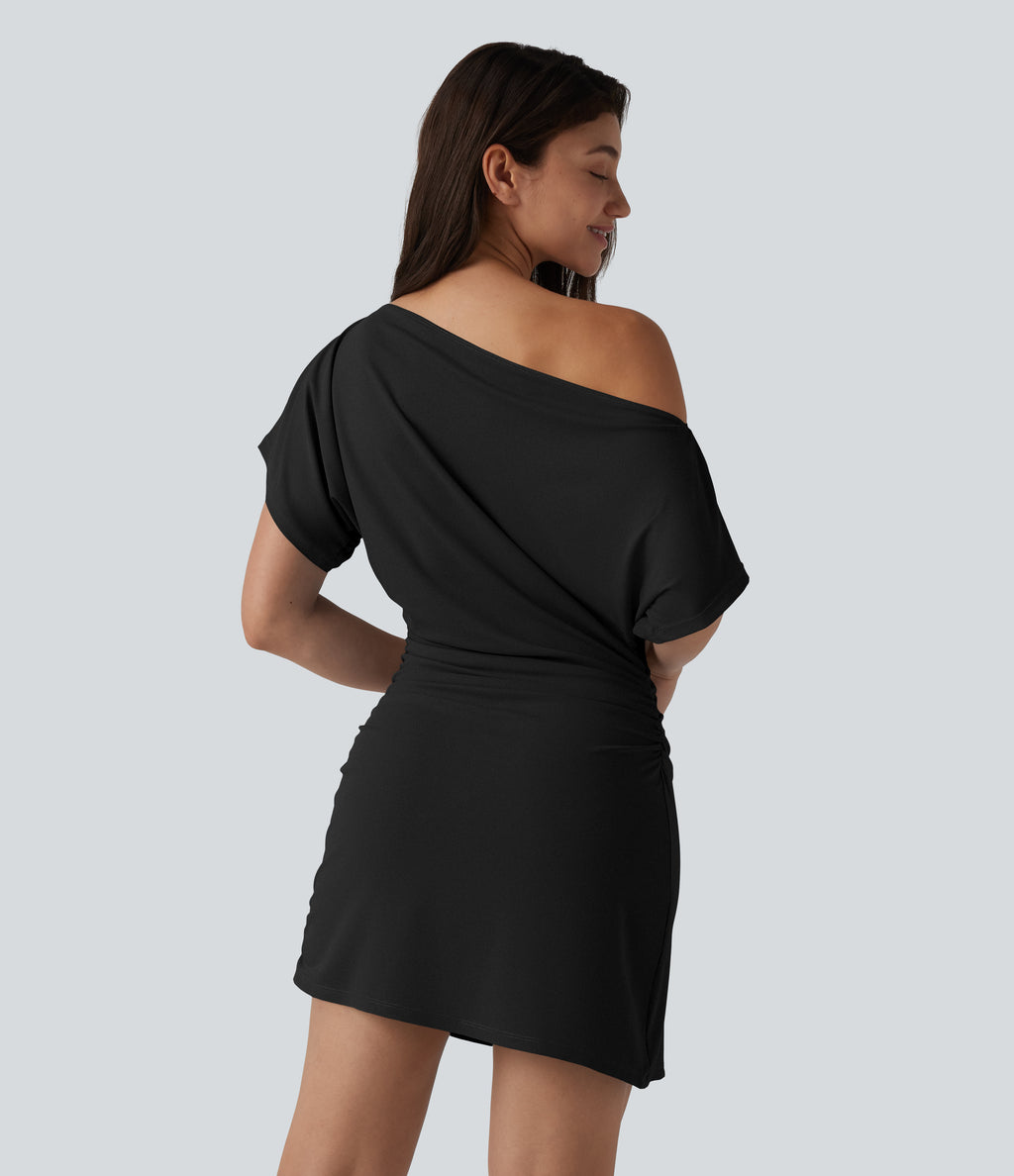 One Shoulder Short Sleeve Ruched Bodycon Mini Casual Dress — Black — view 2