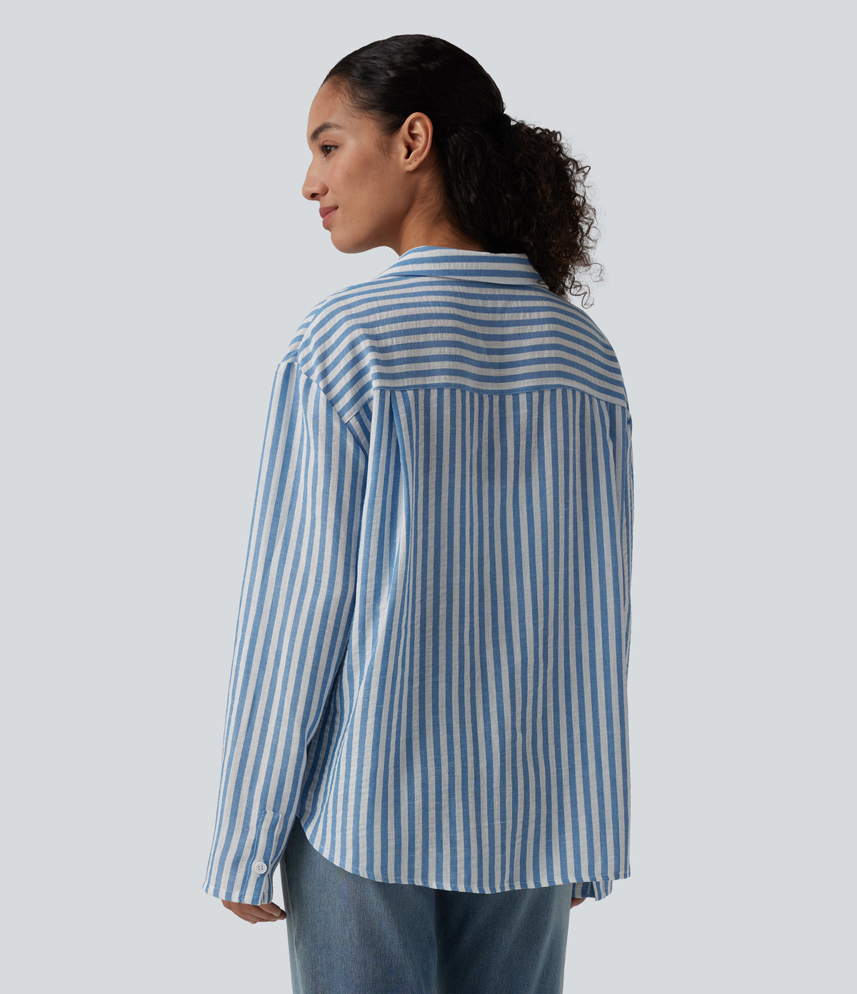 Notched Collar Long Sleeve Stripe Casual Linen-Feel Shirt with Pocket — Mediterranean Blue — view 2