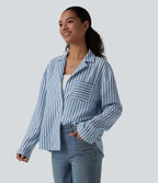Notched Collar Long Sleeve Stripe Casual Linen-Feel Shirt with Pocket — Mediterranean Blue — view 1