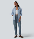 Notched Collar Long Sleeve Stripe Casual Linen-Feel Shirt with Pocket — Mediterranean Blue — view 7