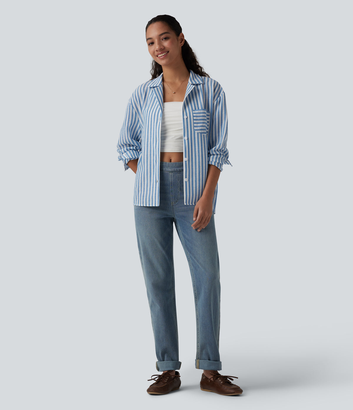 Notched Collar Long Sleeve Stripe Casual Linen-Feel Shirt with Pocket — Mediterranean Blue — view 7
