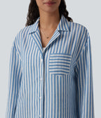 Notched Collar Long Sleeve Stripe Casual Linen-Feel Shirt with Pocket — Mediterranean Blue — view 5