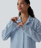 Notched Collar Long Sleeve Stripe Casual Linen-Feel Shirt with Pocket — Mediterranean Blue — view 4