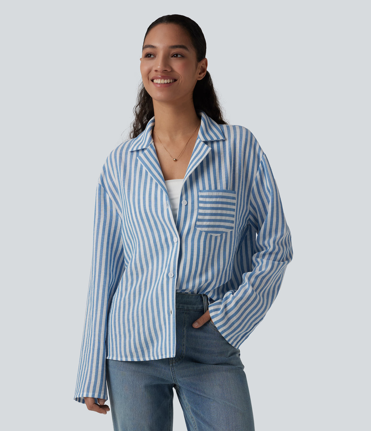 Notched Collar Long Sleeve Stripe Casual Linen-Feel Shirt with Pocket — Mediterranean Blue — view 3