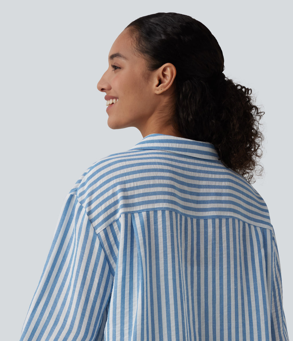 Notched Collar Long Sleeve Stripe Casual Linen-Feel Shirt with Pocket — Mediterranean Blue — view 6