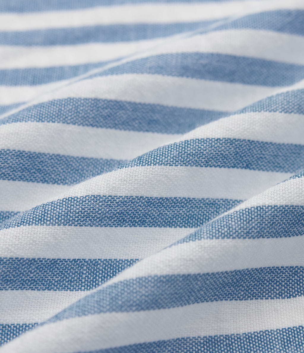 Notched Collar Long Sleeve Stripe Casual Linen-Feel Shirt with Pocket — Mediterranean Blue — view 8